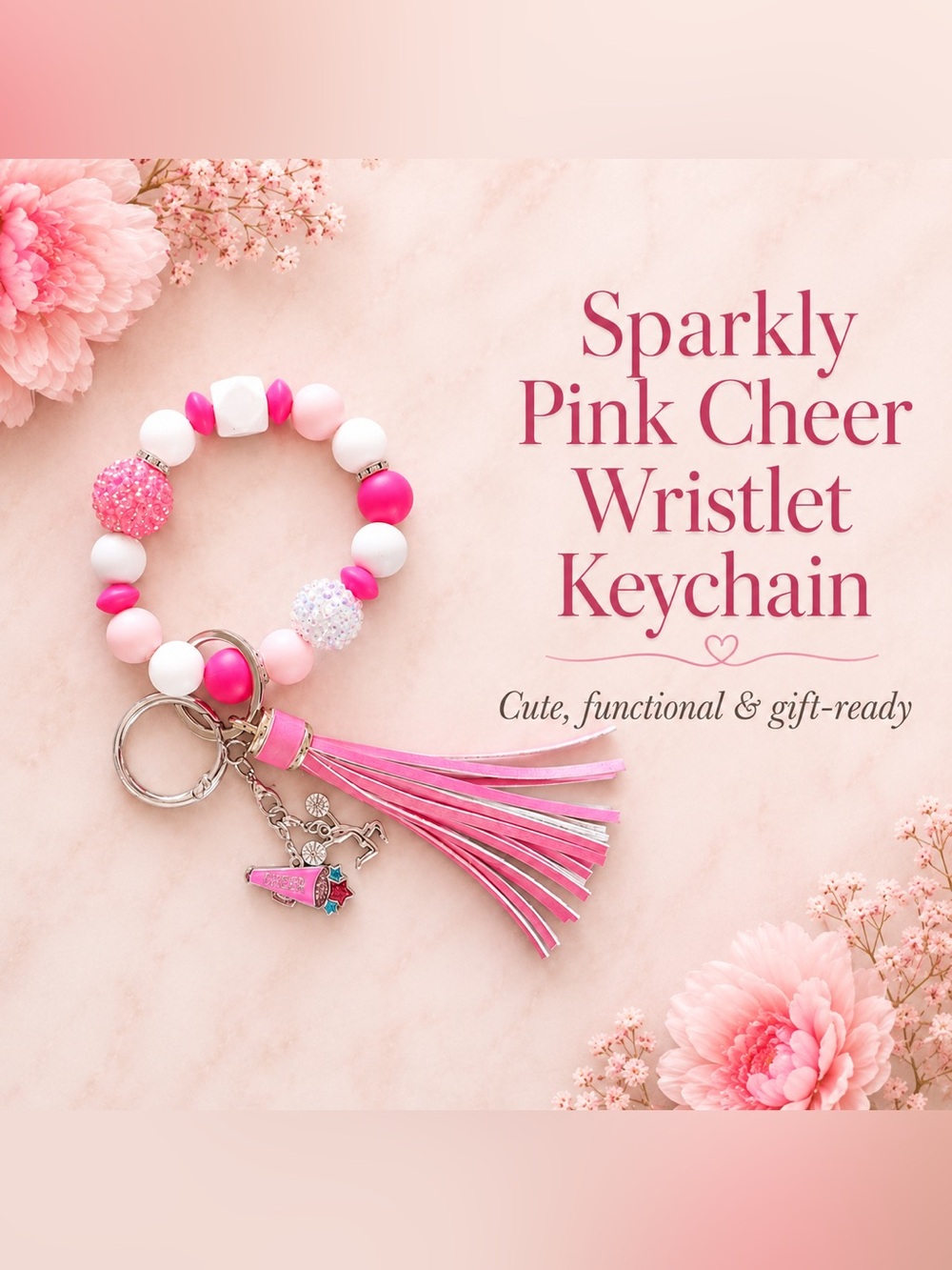 Cheerleading Beaded Wristlet Keychain With Leather Tassel & Cheer Charms